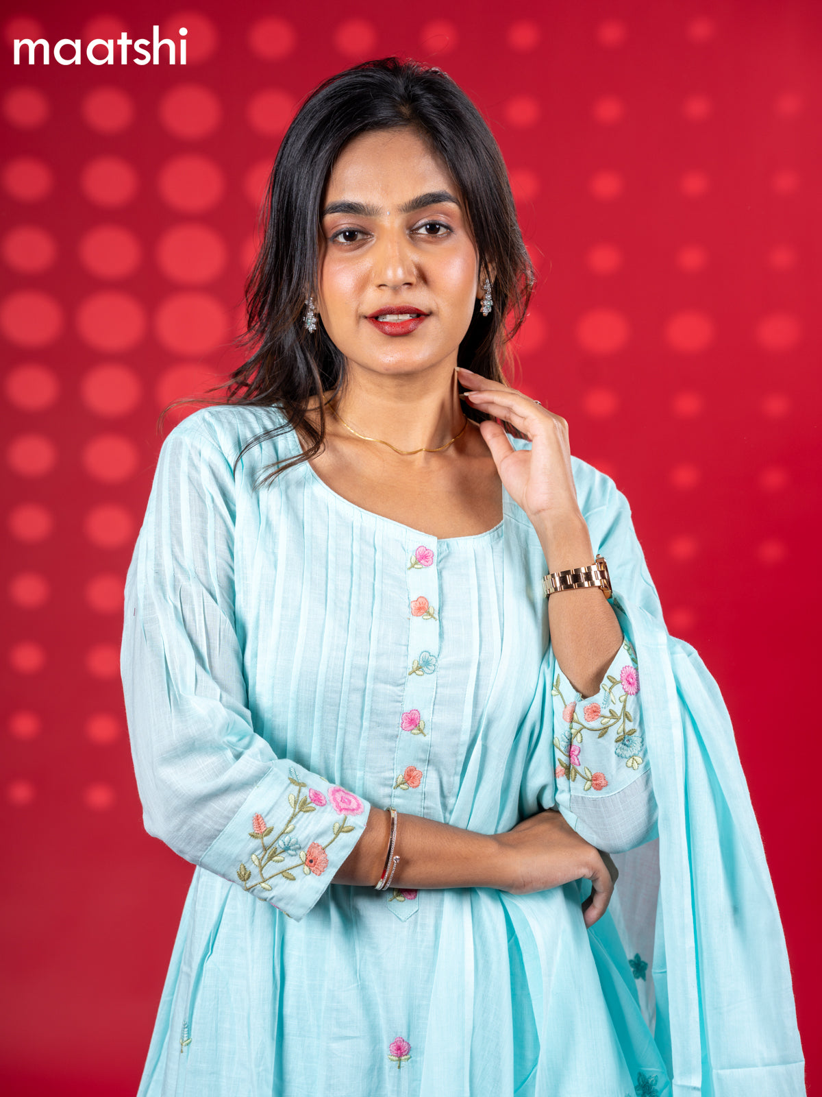 Cotton anarkali salwar suit pastel blue with floral embroidery work buttas and straight cut pant & dupatta