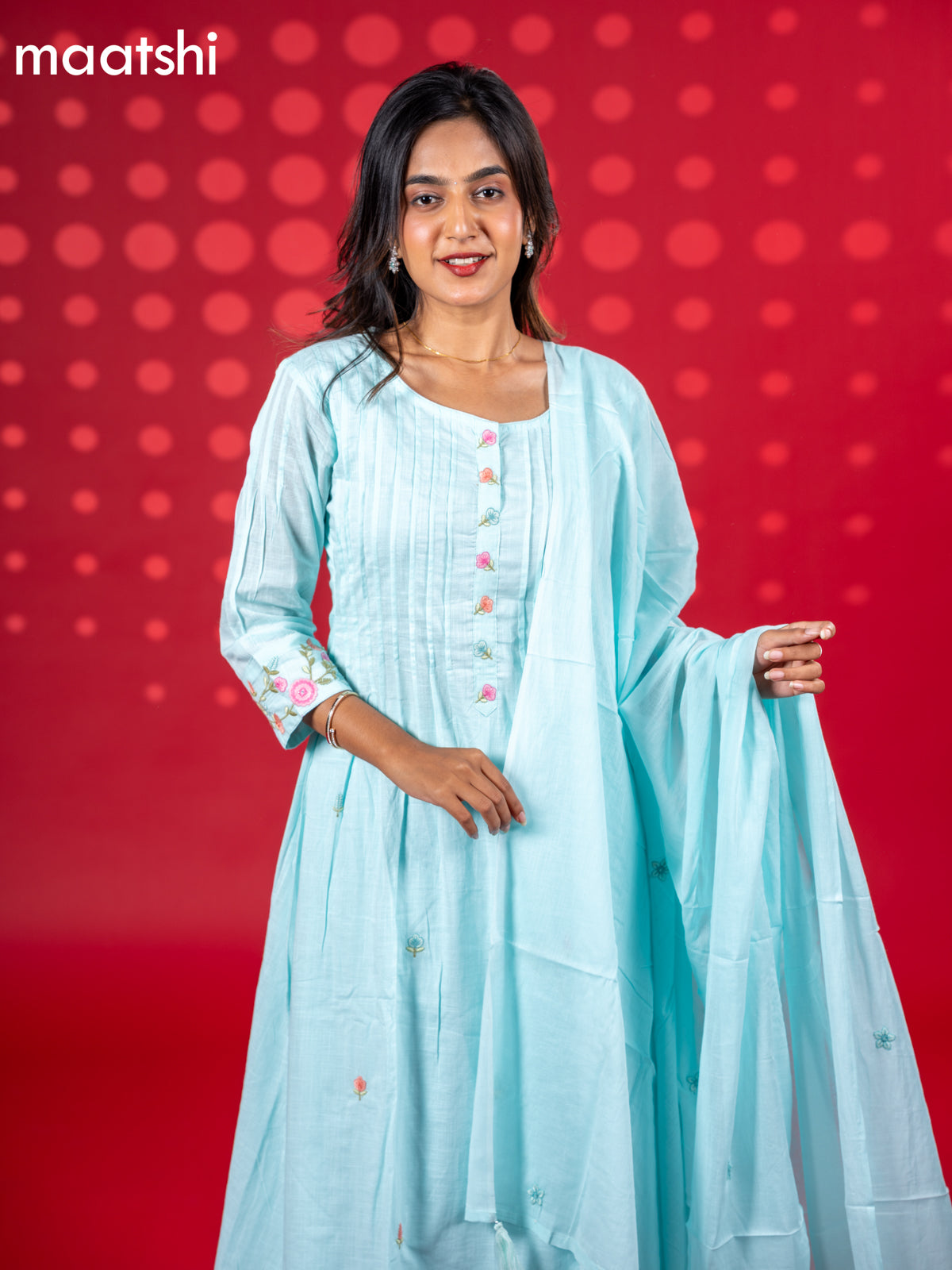 Cotton anarkali salwar suit pastel blue with floral embroidery work buttas and straight cut pant & dupatta
