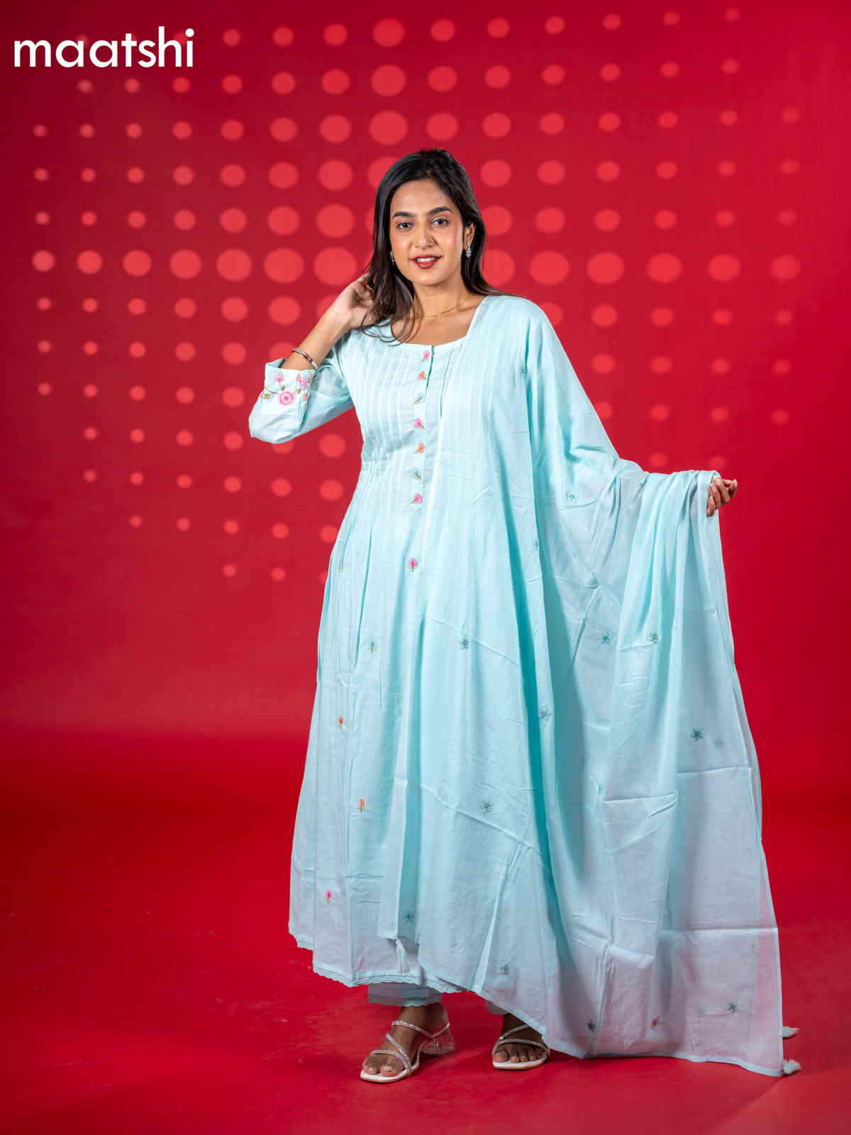 Cotton anarkali salwar suit pastel blue with floral embroidery work buttas and straight cut pant & dupatta