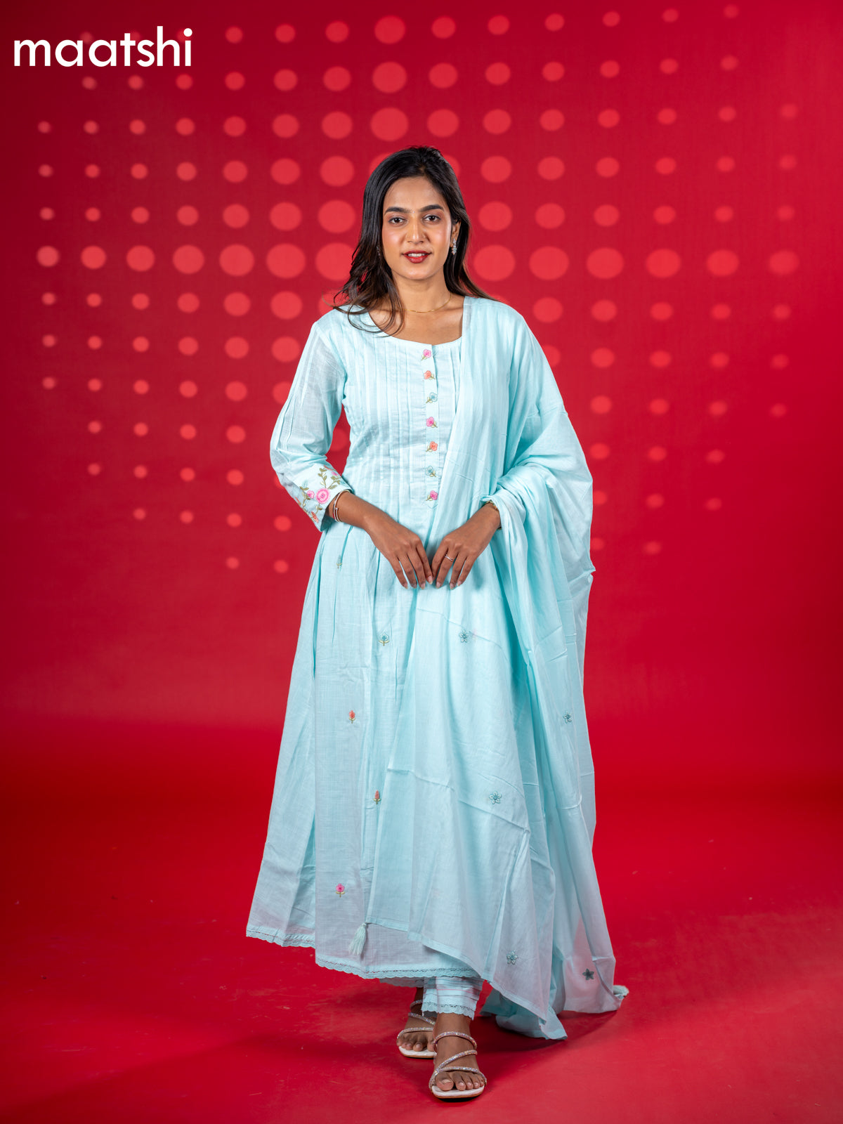 Cotton anarkali salwar suit pastel blue with floral embroidery work buttas and straight cut pant & dupatta