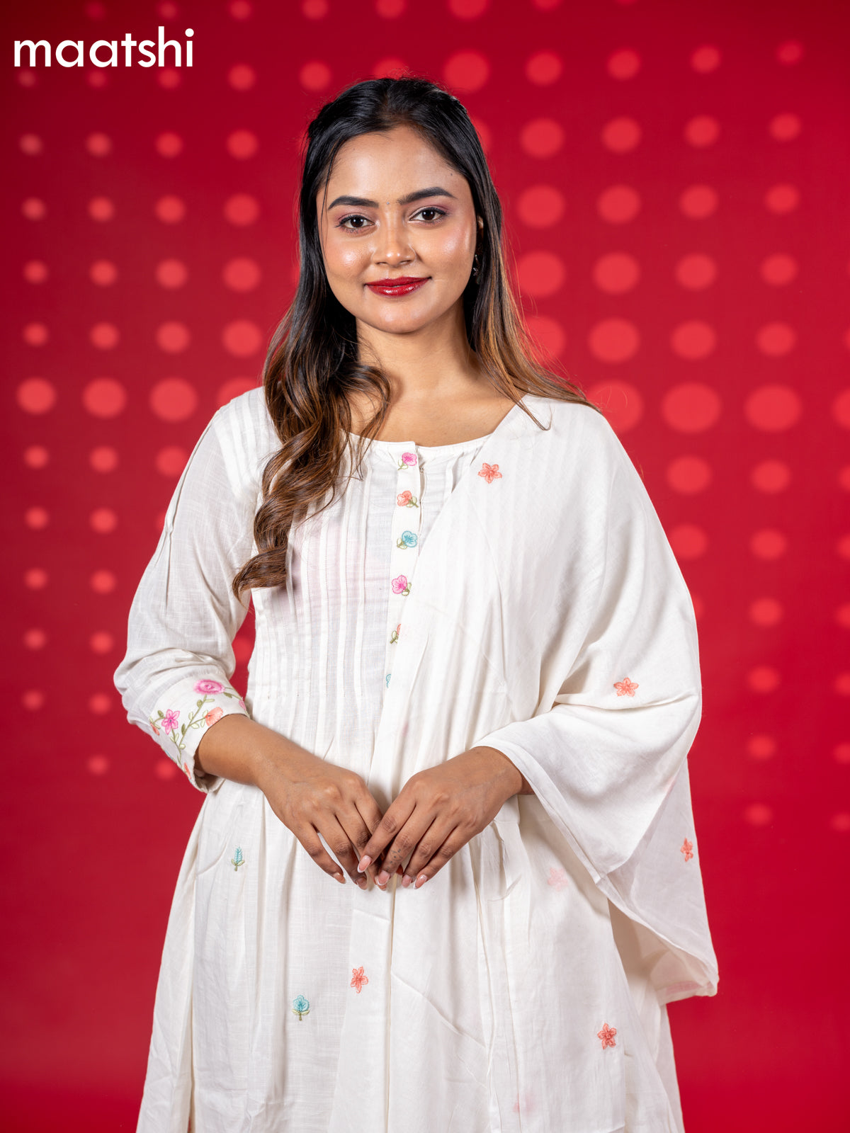 Cotton anarkali salwar suit off white with floral embroidery work buttas and straight cut pant & dupatta