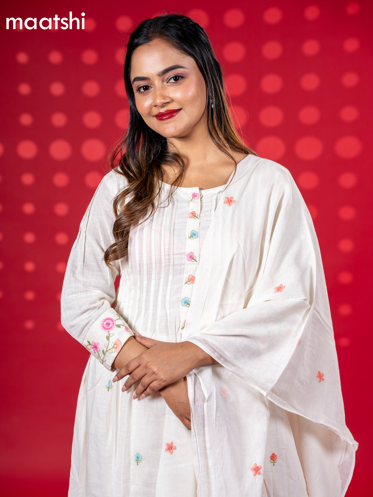Cotton anarkali salwar suit off white with floral embroidery work buttas and straight cut pant & dupatta