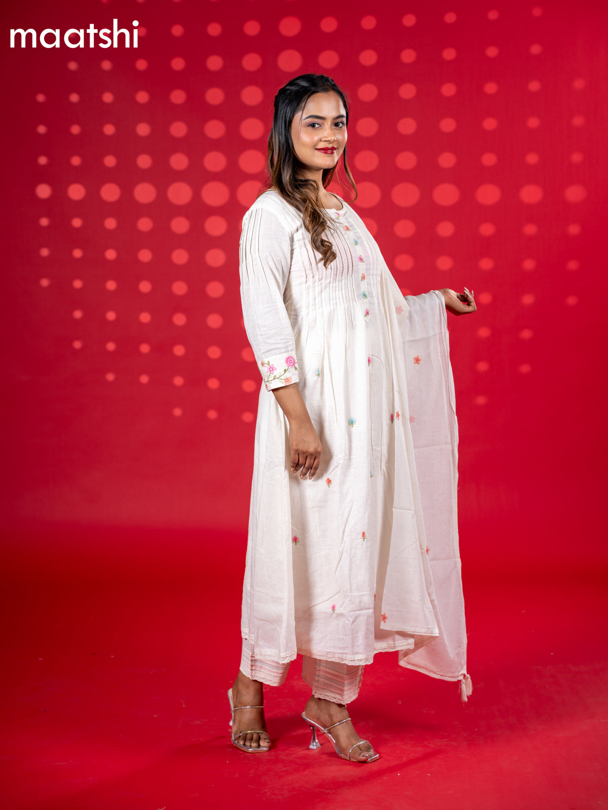 Cotton anarkali salwar suit off white with floral embroidery work buttas and straight cut pant & dupatta