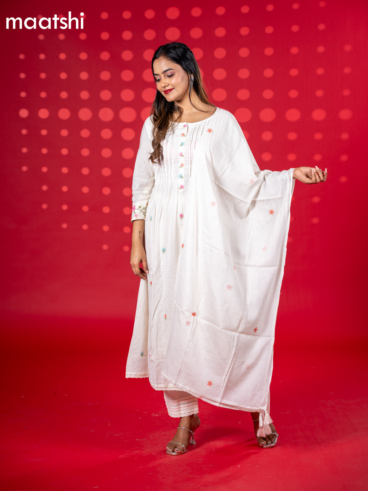 Cotton anarkali salwar suit off white with floral embroidery work buttas and straight cut pant & dupatta