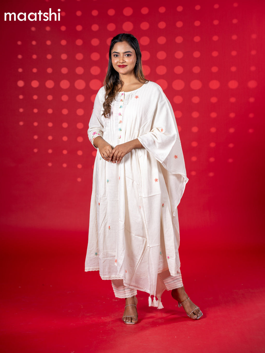 Cotton anarkali salwar suit off white with floral embroidery work buttas and straight cut pant & dupatta