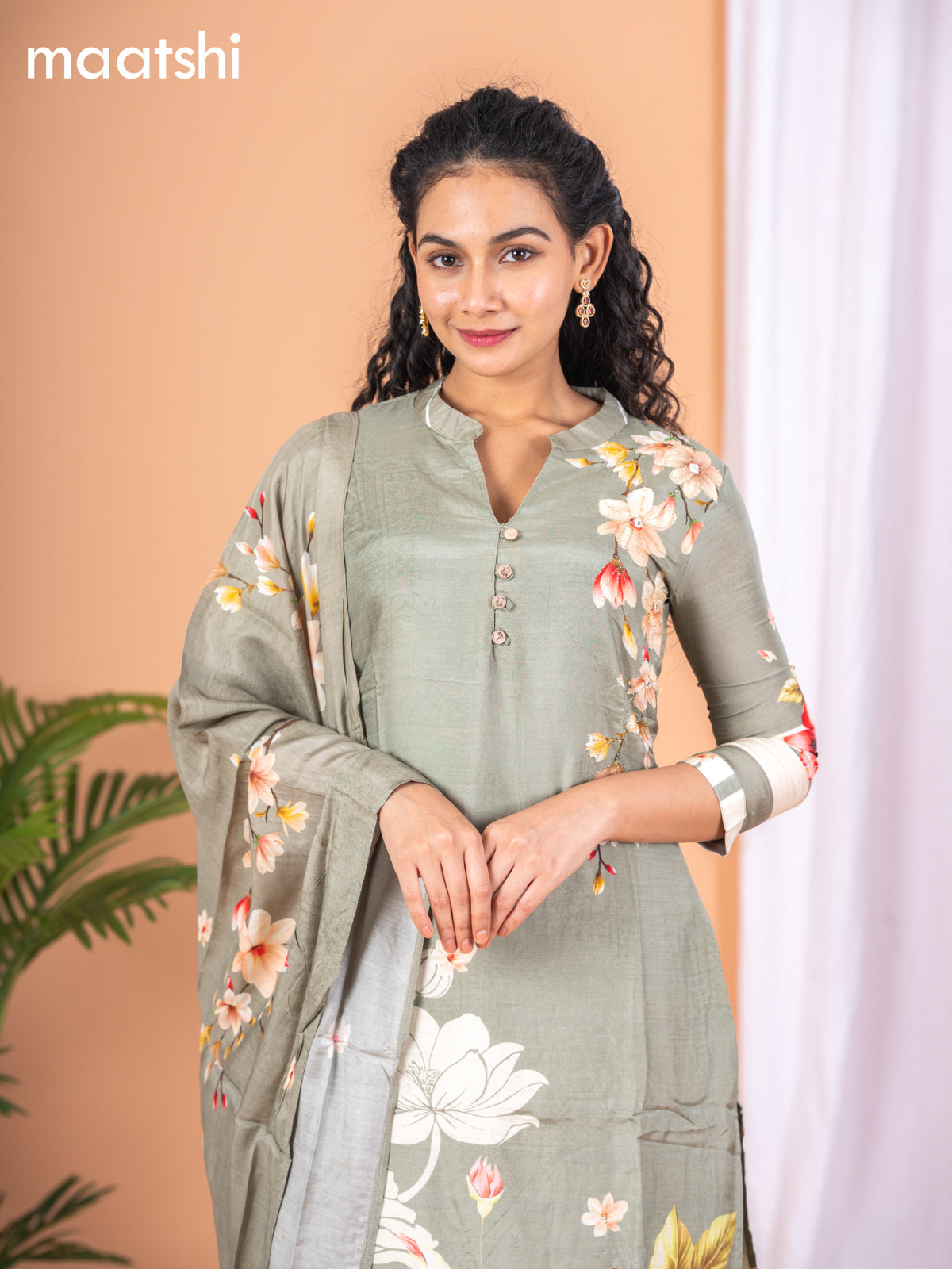 Placement print salwar suit greyish green with prints embroidery work & simple collar neck pattern and straight cut pant & dupatta