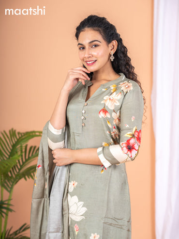 Placement print salwar suit greyish green with prints embroidery work & simple collar neck pattern and straight cut pant & dupatta
