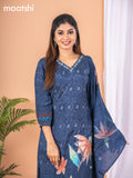 Placement print salwar suit navy blue with prints & embroidery zardosi work v neck pattern and straight cut pant & dupatta