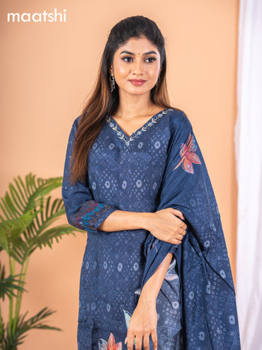 Placement print salwar suit navy blue with prints & embroidery zardosi work v neck pattern and straight cut pant & dupatta