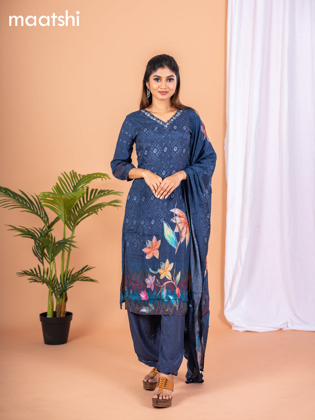 Placement print salwar suit navy blue with prints & embroidery zardosi work v neck pattern and straight cut pant & dupatta