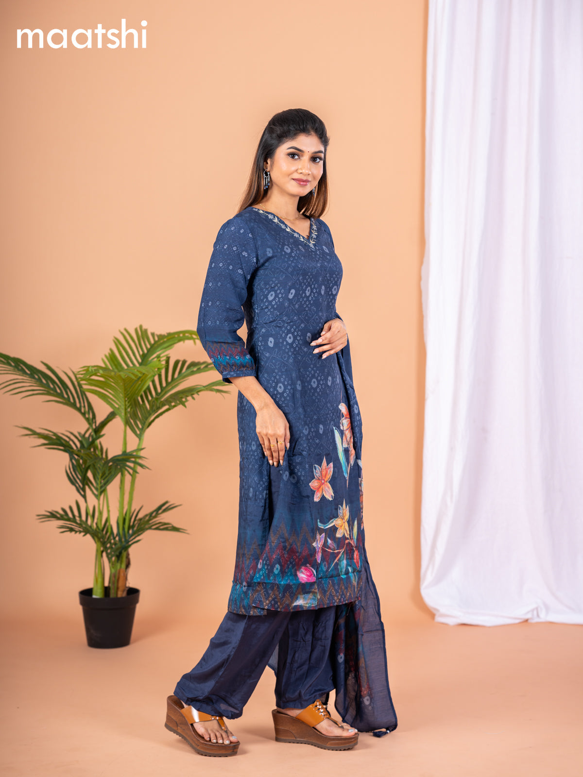 Placement print salwar suit navy blue with prints & embroidery zardosi work v neck pattern and straight cut pant & dupatta