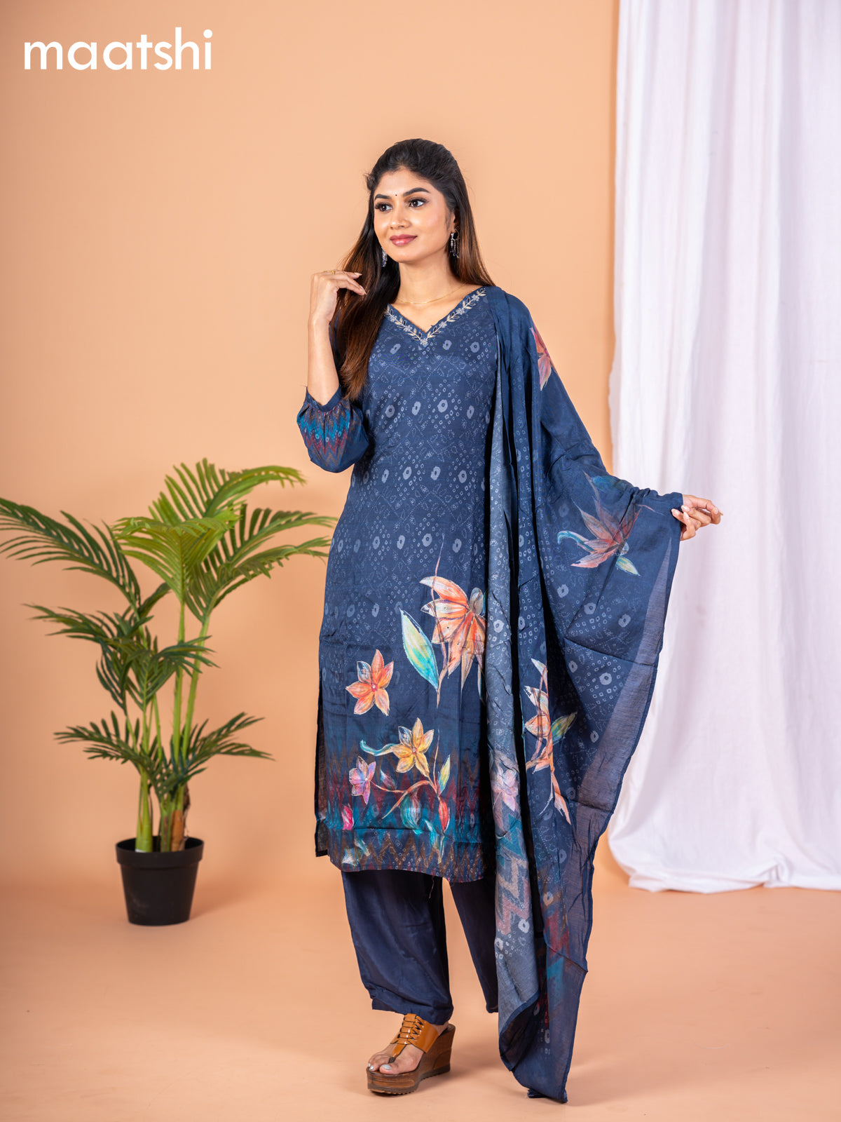 Placement print salwar suit navy blue with prints & embroidery zardosi work v neck pattern and straight cut pant & dupatta