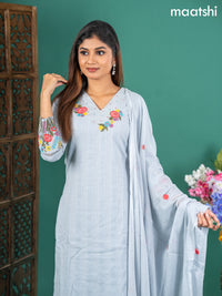 Cotton salwar suit greyish blue with self emboss buttas & floral embroidery work v neck pattern and straight cut pant & dupatta