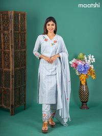 Cotton salwar suit greyish blue with self emboss buttas & floral embroidery work v neck pattern and straight cut pant & dupatta