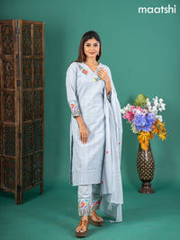 Cotton salwar suit greyish blue with self emboss buttas & floral embroidery work v neck pattern and straight cut pant & dupatta