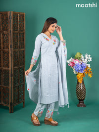 Cotton salwar suit greyish blue with self emboss buttas & floral embroidery work v neck pattern and straight cut pant & dupatta