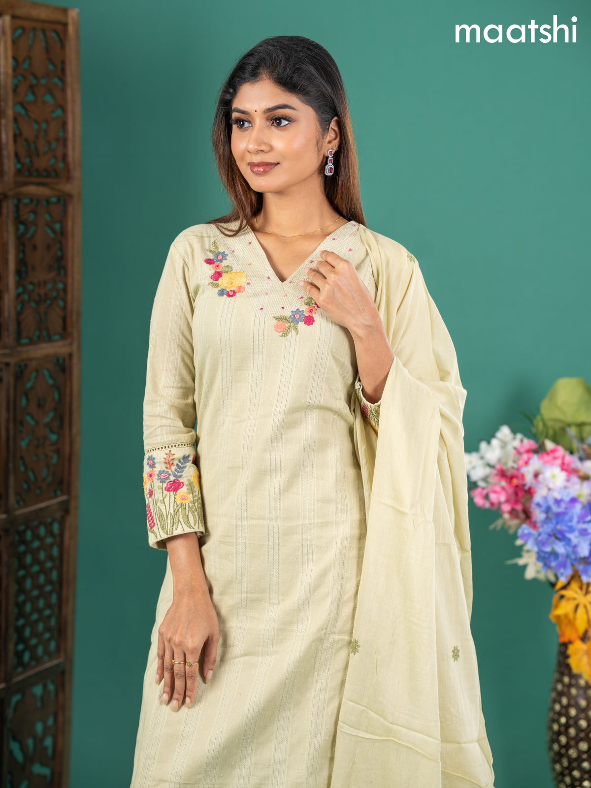 Cotton salwar suit pista green with self emboss buttas & floral embroidery work v neck pattern and straight cut pant & dupatta