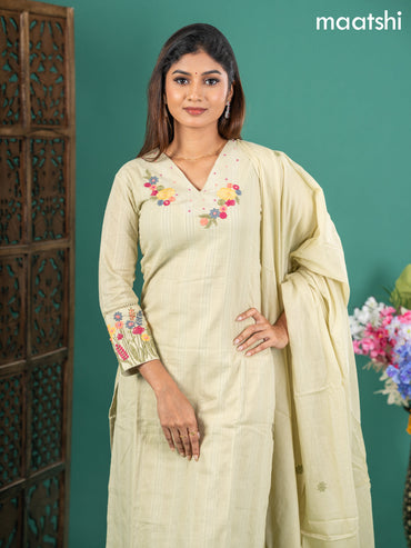 Cotton salwar suit pista green with self emboss buttas & floral embroidery work v neck pattern and straight cut pant & dupatta