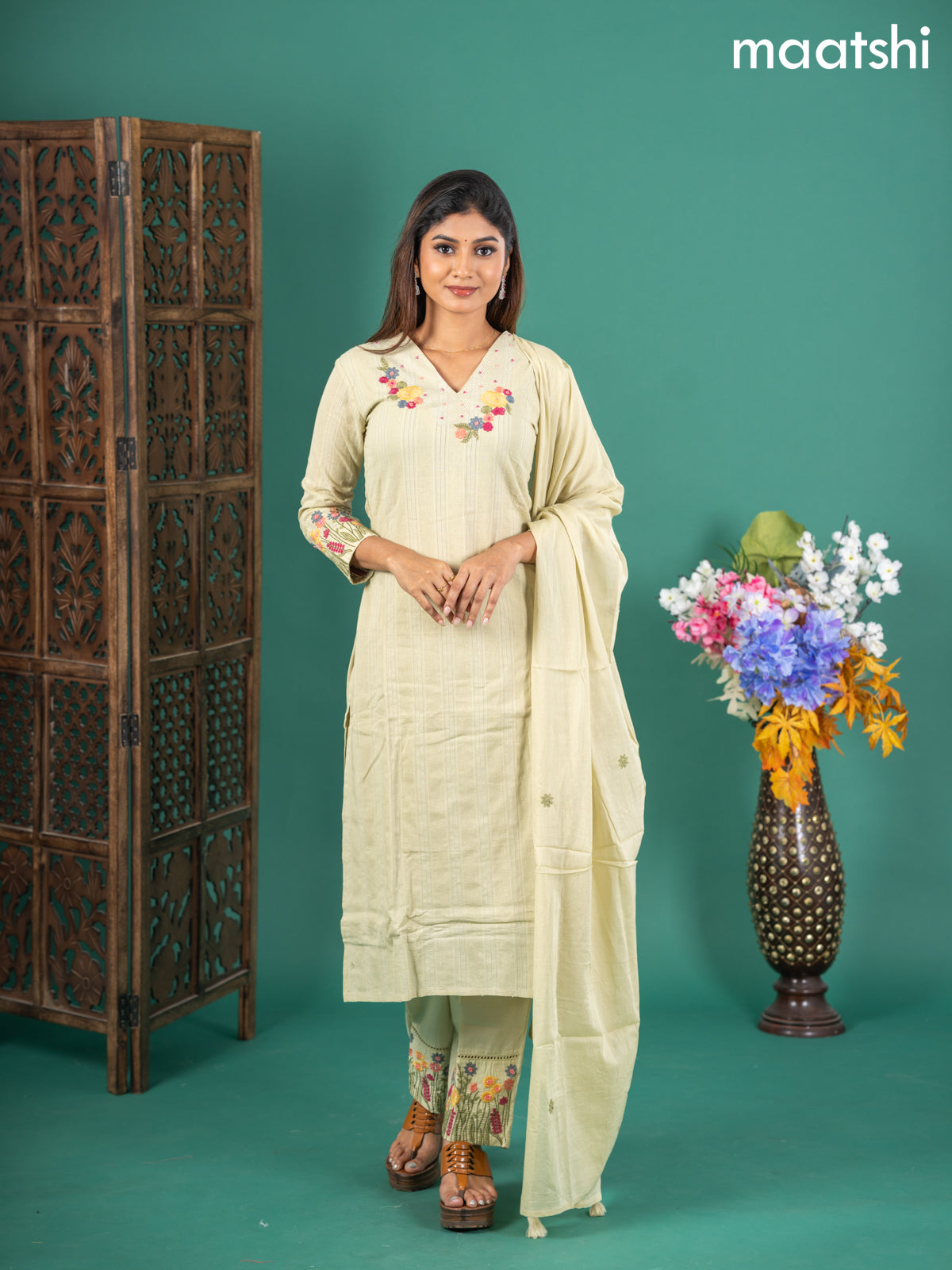 Cotton salwar suit pista green with self emboss buttas & floral embroidery work v neck pattern and straight cut pant & dupatta