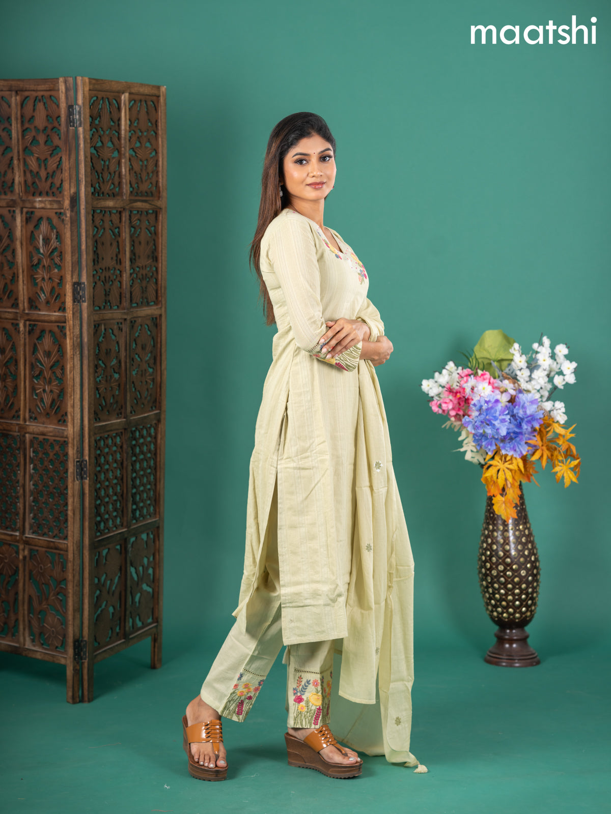 Cotton salwar suit pista green with self emboss buttas & floral embroidery work v neck pattern and straight cut pant & dupatta