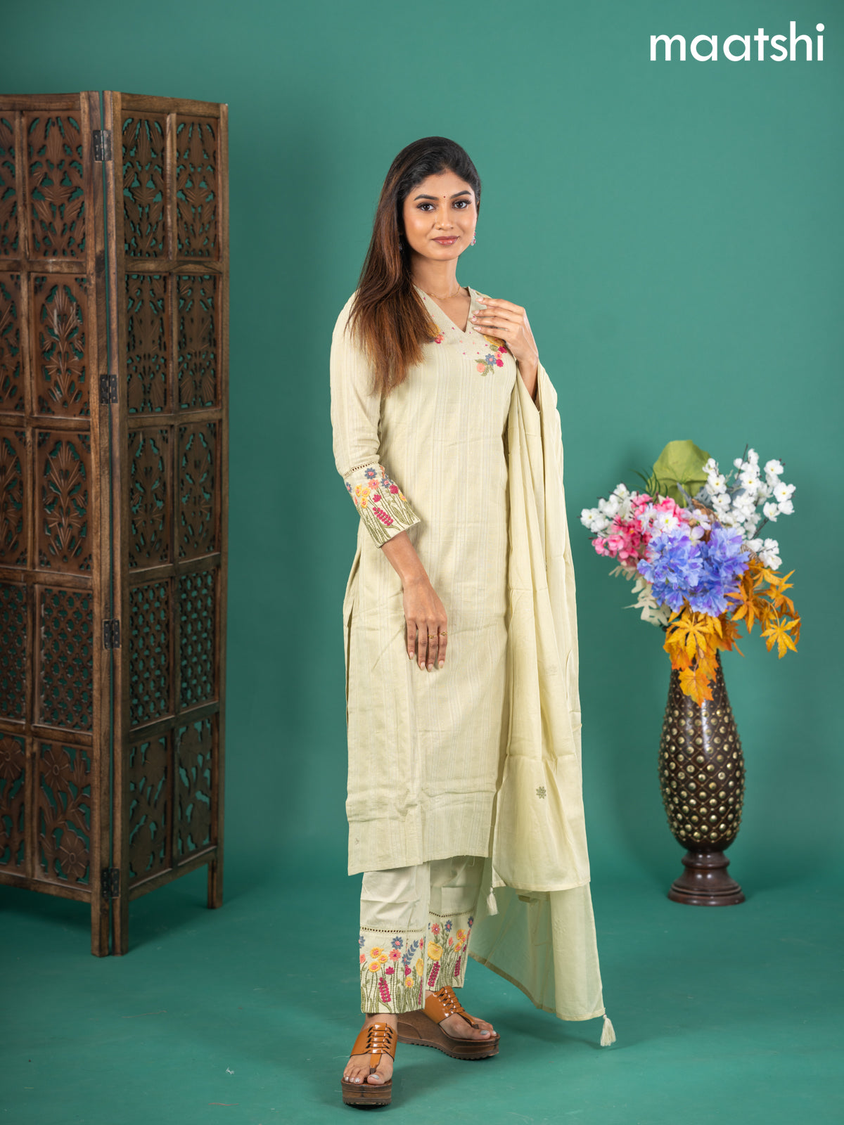 Cotton salwar suit pista green with self emboss buttas & floral embroidery work v neck pattern and straight cut pant & dupatta