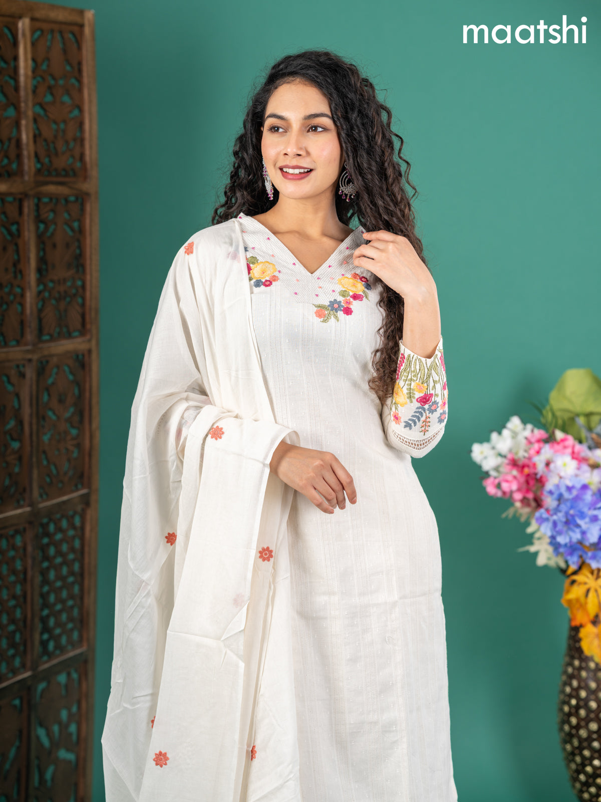 Cotton salwar suit off white with self emboss buttas & floral embroidery work v neck pattern and straight cut pant & dupatta