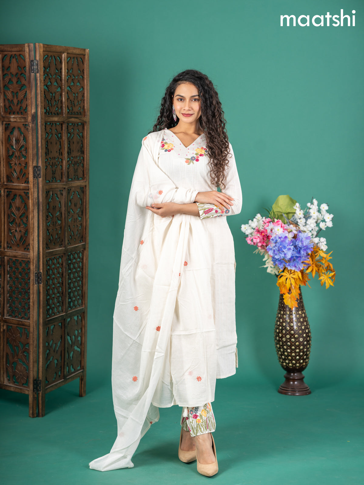 Cotton salwar suit off white with self emboss buttas & floral embroidery work v neck pattern and straight cut pant & dupatta
