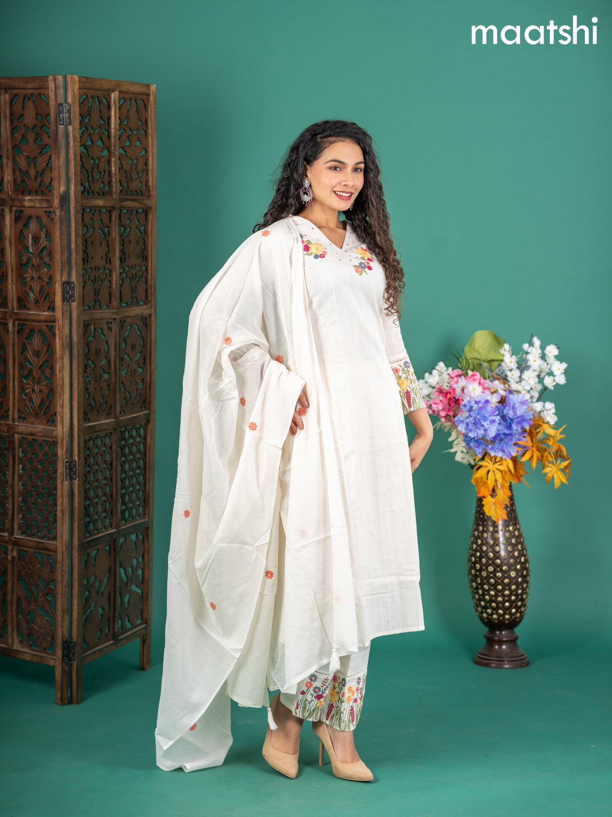 Cotton salwar suit off white with self emboss buttas & floral embroidery work v neck pattern and straight cut pant & dupatta