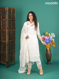 Cotton salwar suit off white with self emboss buttas & floral embroidery work v neck pattern and straight cut pant & dupatta