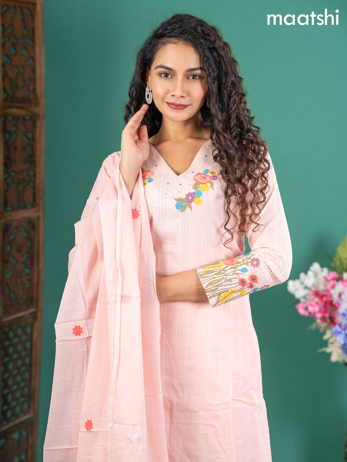 Cotton salwar suit peach shade with self emboss buttas & floral embroidery work v neck pattern and straight cut pant & dupatta