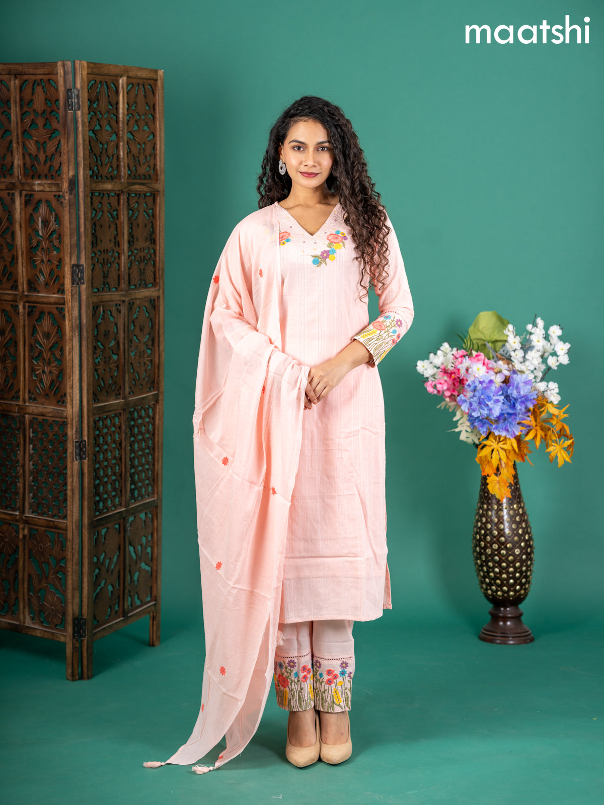 Cotton salwar suit peach shade with self emboss buttas & floral embroidery work v neck pattern and straight cut pant & dupatta