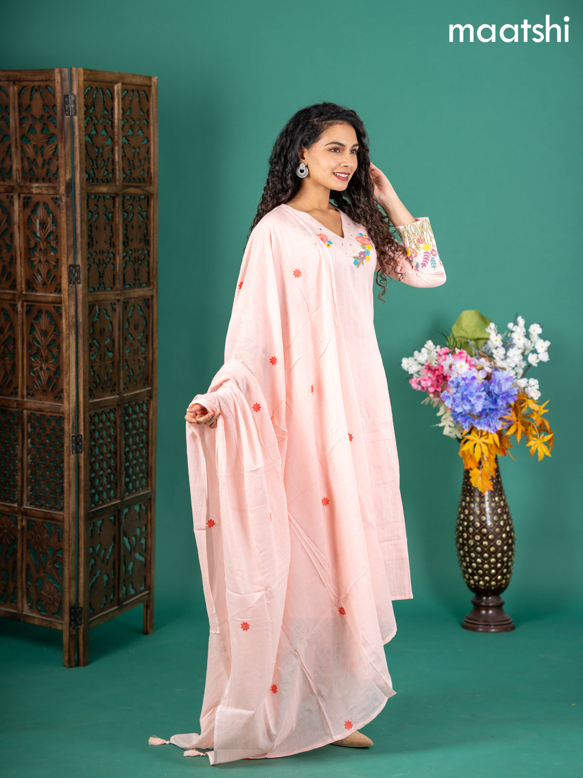 Cotton salwar suit peach shade with self emboss buttas & floral embroidery work v neck pattern and straight cut pant & dupatta