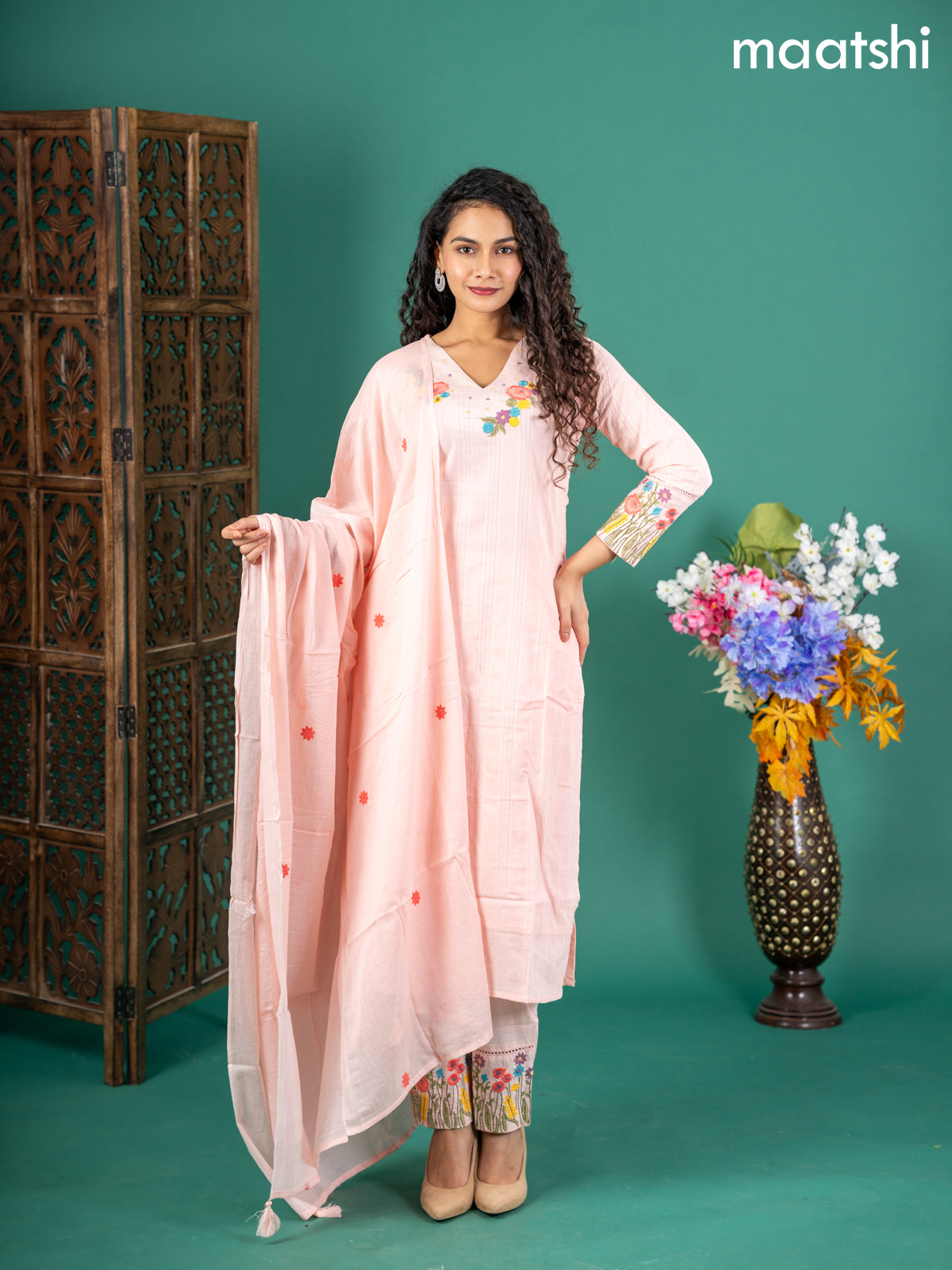 Cotton salwar suit peach shade with self emboss buttas & floral embroidery work v neck pattern and straight cut pant & dupatta
