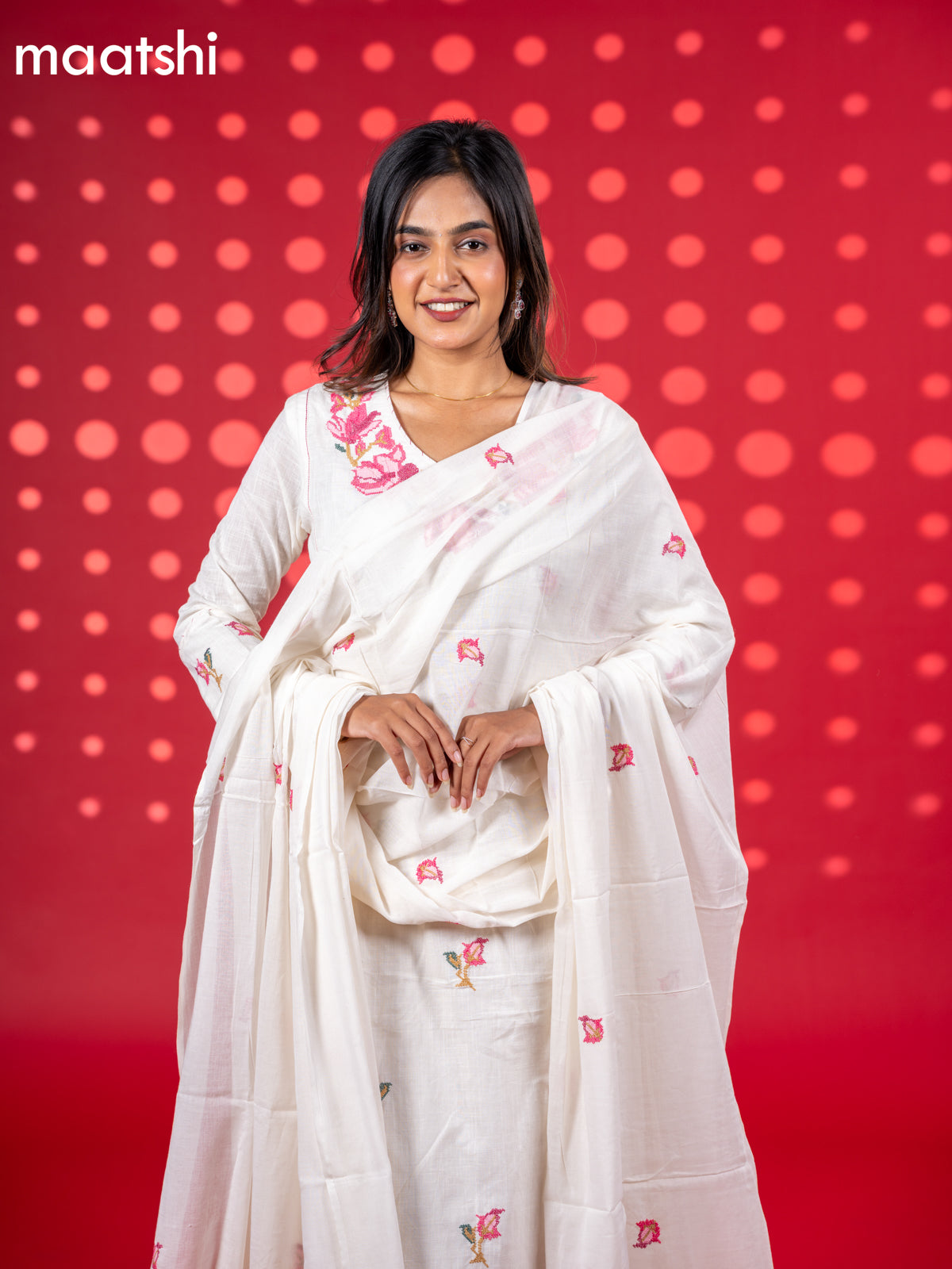 Cotton anarkali salwar suit off white and pink with floral embroidery work buttas and straight cut pant & dupatta