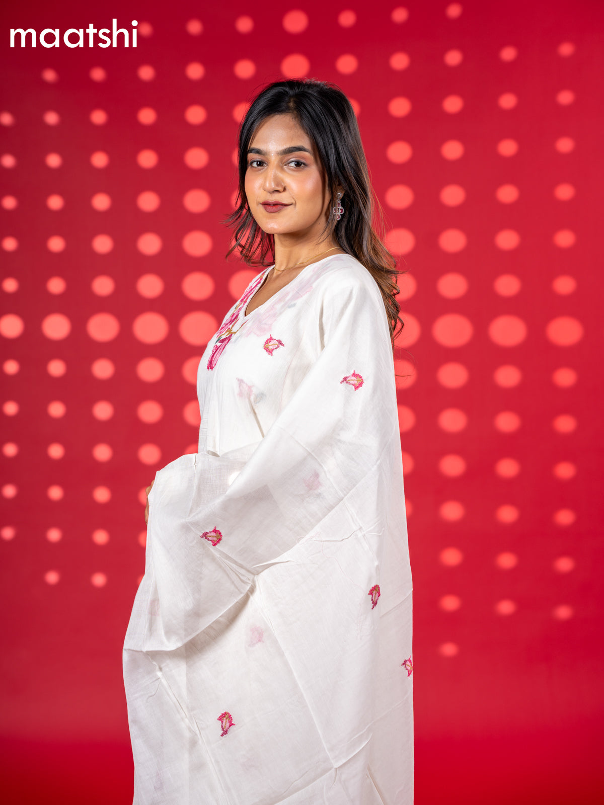 Cotton anarkali salwar suit off white and pink with floral embroidery work buttas and straight cut pant & dupatta