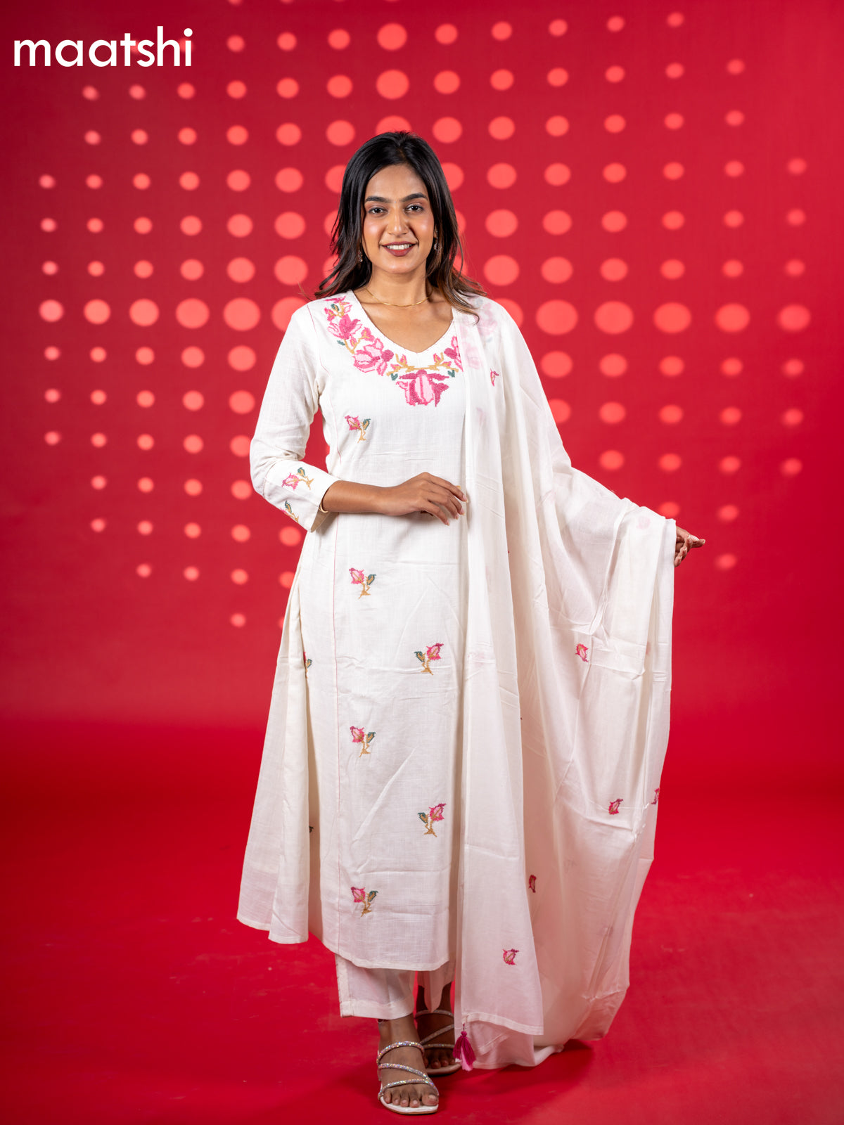 Cotton anarkali salwar suit off white and pink with floral embroidery work buttas and straight cut pant & dupatta