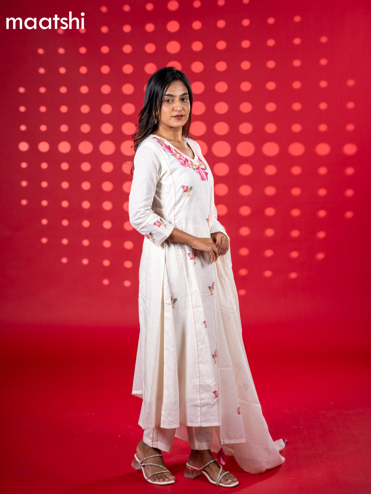 Cotton anarkali salwar suit off white and pink with floral embroidery work buttas and straight cut pant & dupatta