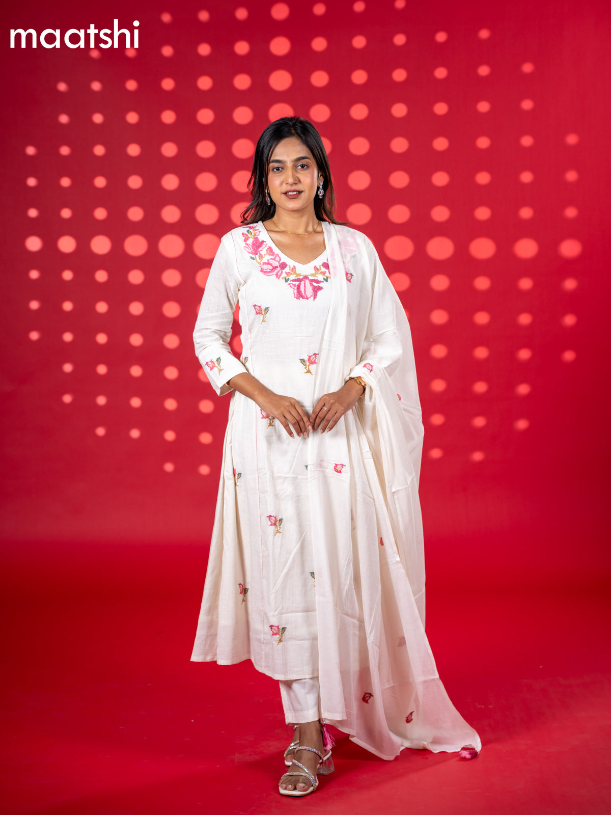 Cotton anarkali salwar suit off white and pink with floral embroidery work buttas and straight cut pant & dupatta