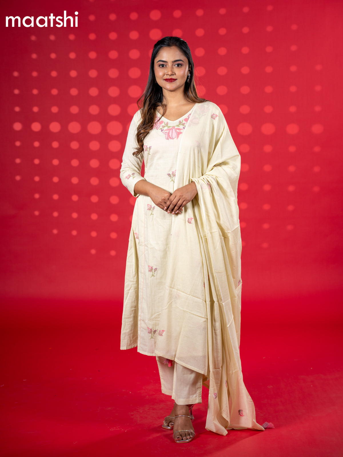 Cotton anarkali salwar suit mild pista green with floral embroidery work buttas and straight cut pant & dupatta