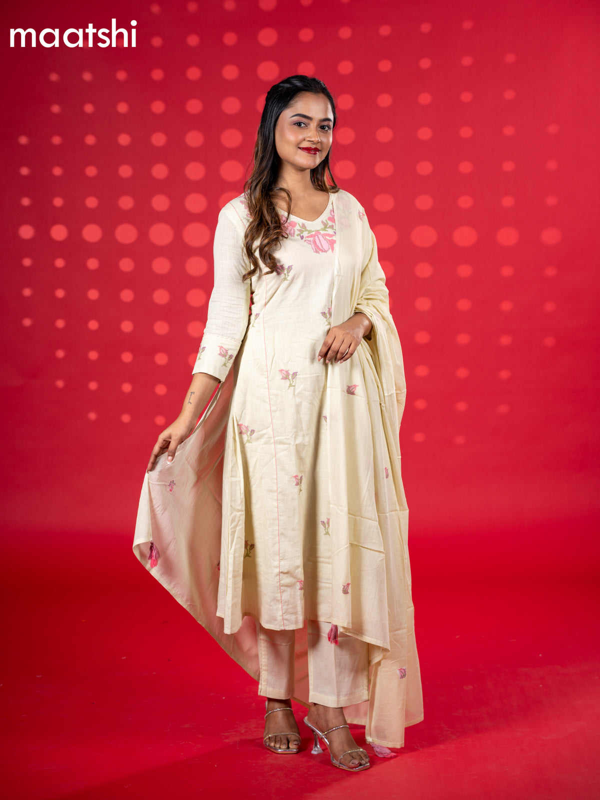 Cotton anarkali salwar suit mild pista green with floral embroidery work buttas and straight cut pant & dupatta