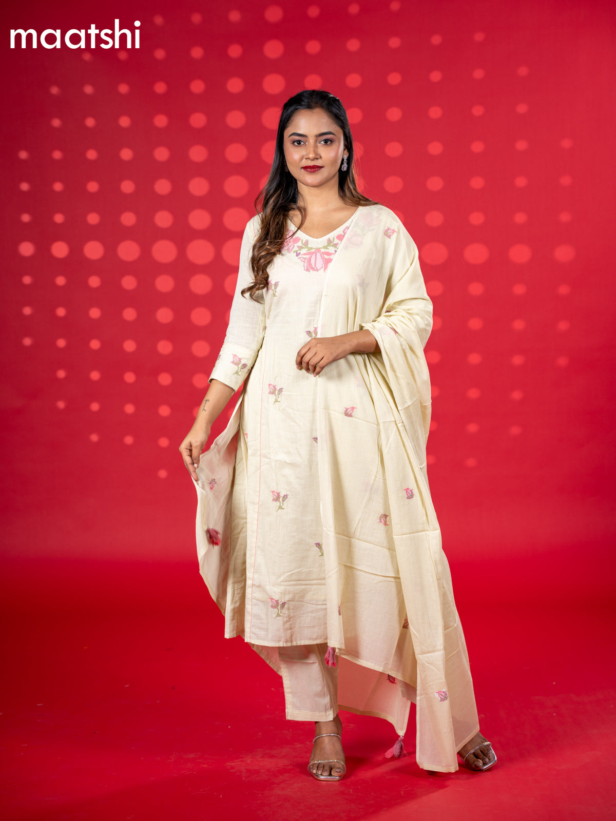 Cotton anarkali salwar suit mild pista green with floral embroidery work buttas and straight cut pant & dupatta