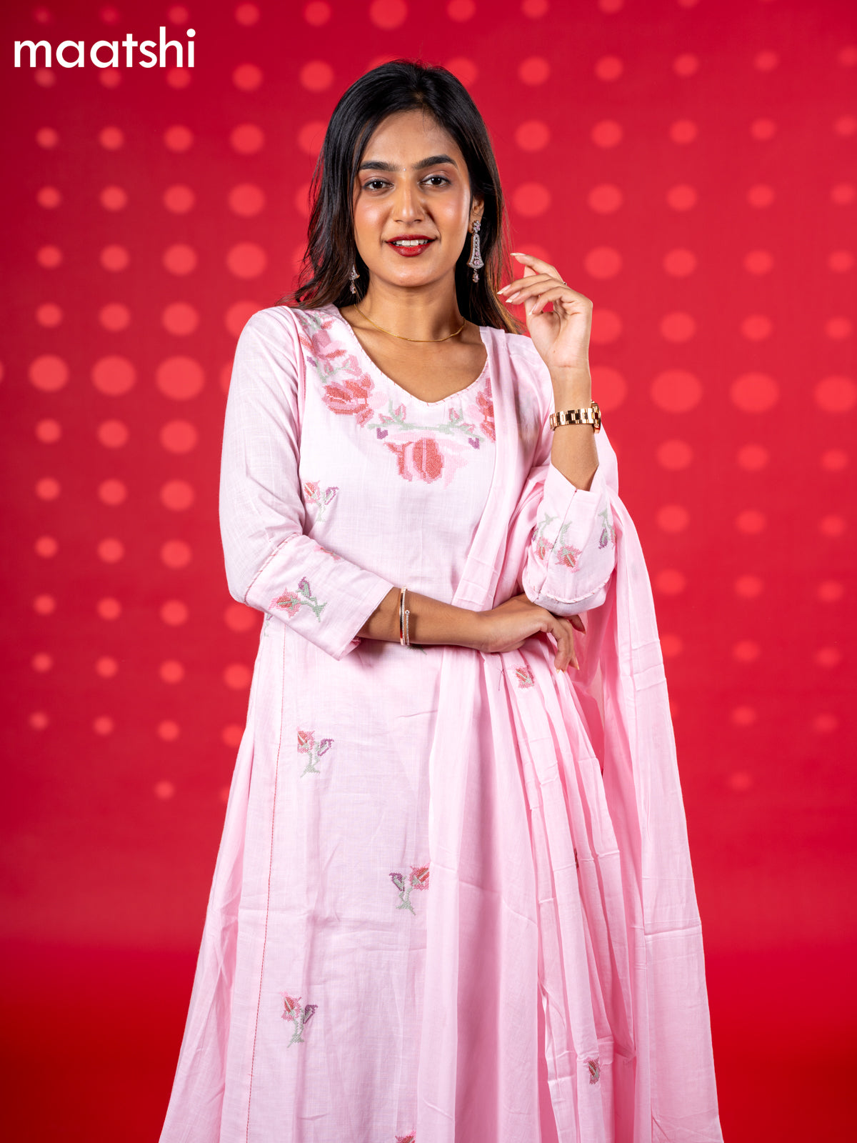 Cotton anarkali salwar suit baby pink with floral embroidery work buttas and straight cut pant & dupatta