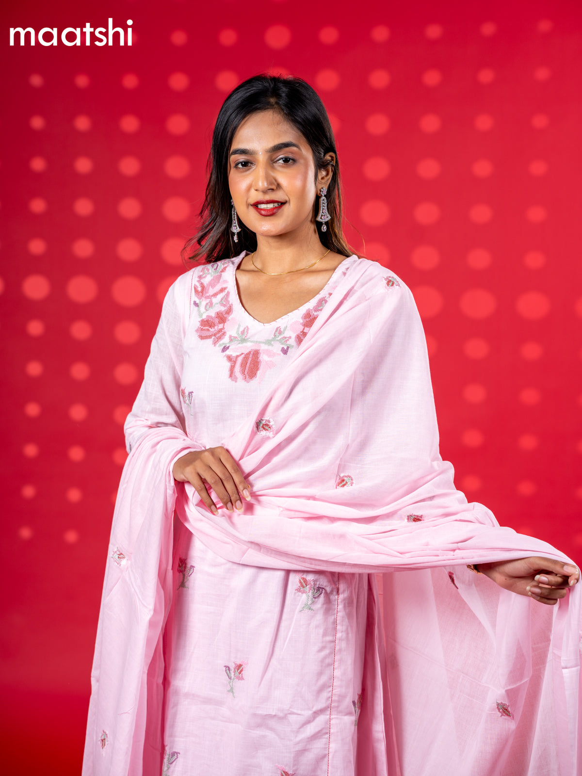 Cotton anarkali salwar suit baby pink with floral embroidery work buttas and straight cut pant & dupatta