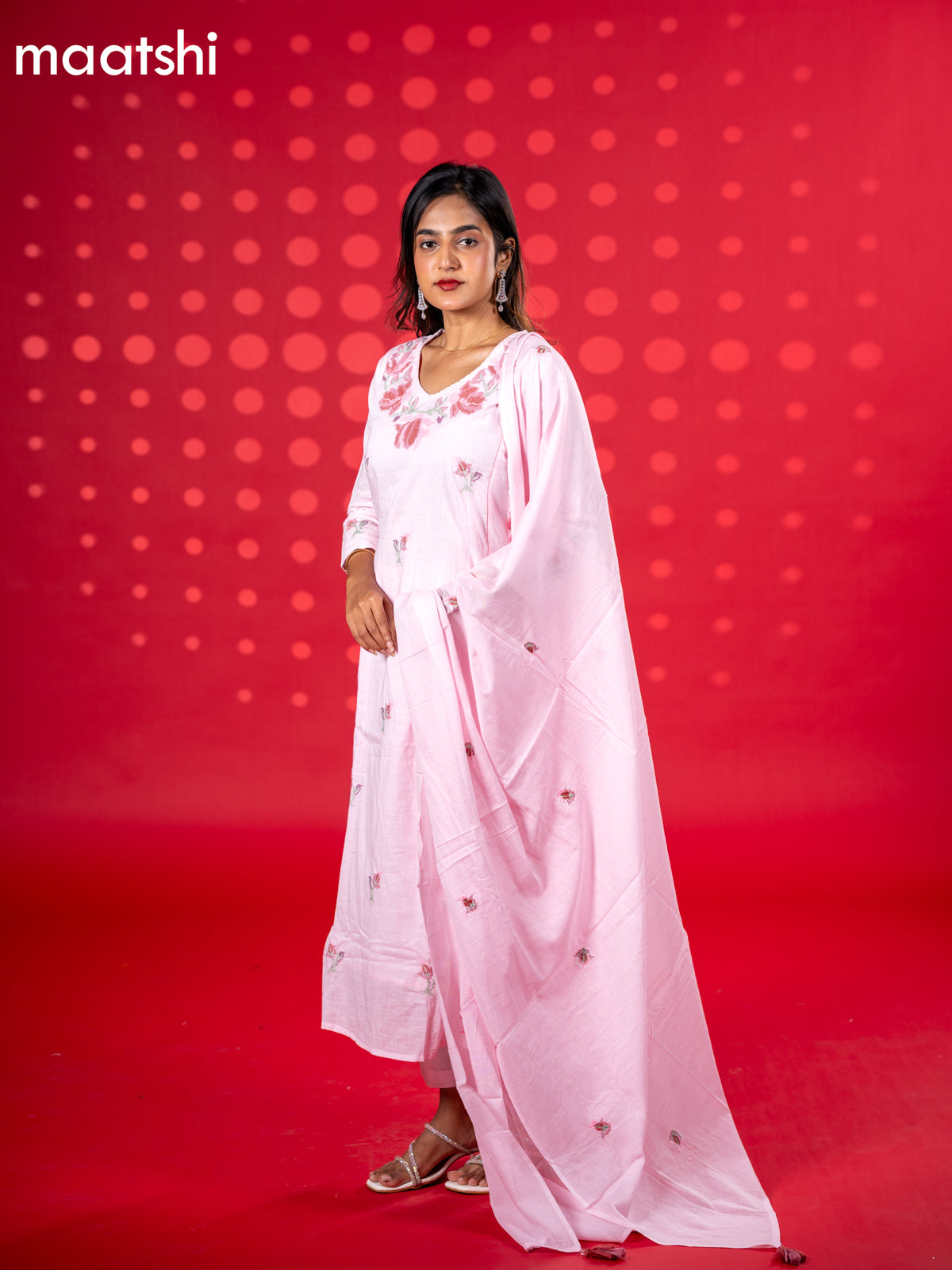 Cotton anarkali salwar suit baby pink with floral embroidery work buttas and straight cut pant & dupatta