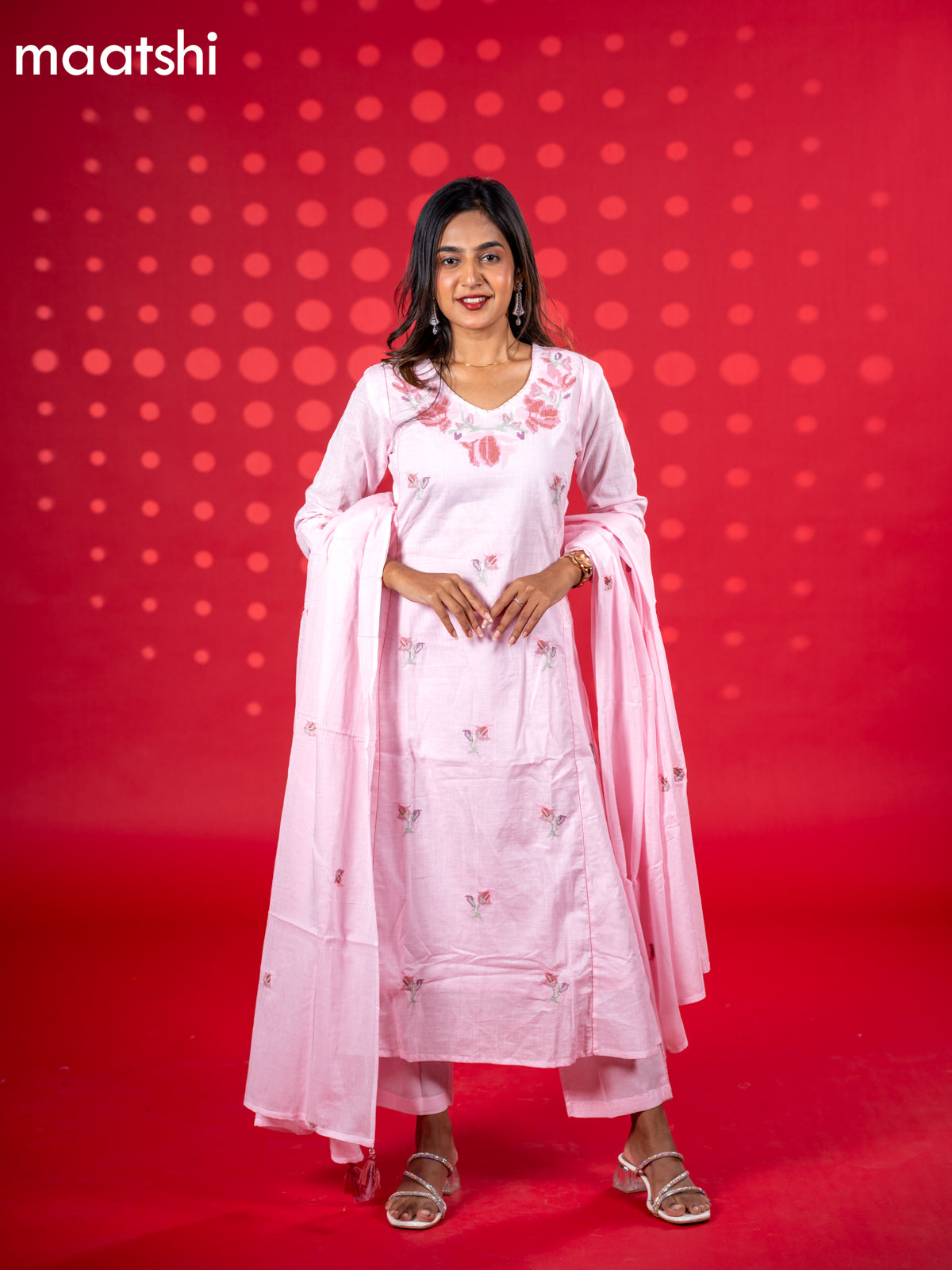 Cotton anarkali salwar suit baby pink with floral embroidery work buttas and straight cut pant & dupatta