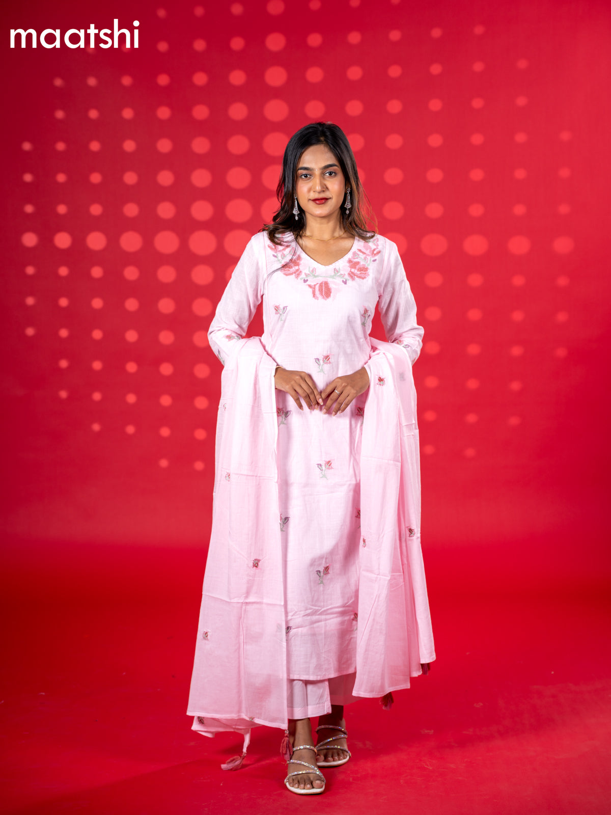 Cotton anarkali salwar suit baby pink with floral embroidery work buttas and straight cut pant & dupatta