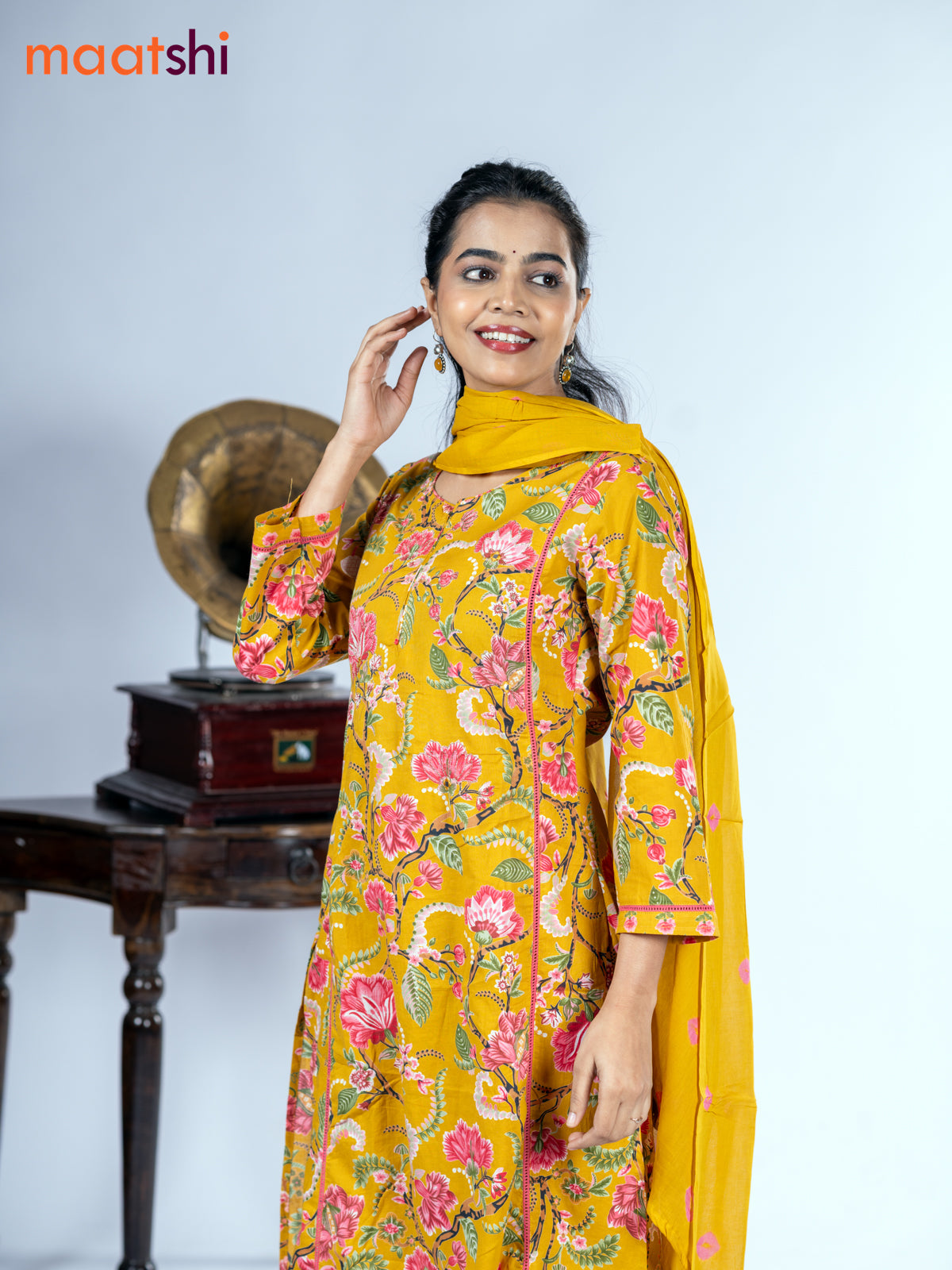 Cotton salwar suit mustard yellow with allover floral prints & mirror pita work and straight cut pant & dupatta