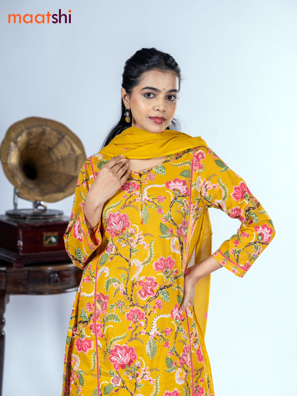 Cotton salwar suit mustard yellow with allover floral prints & mirror pita work and straight cut pant & dupatta