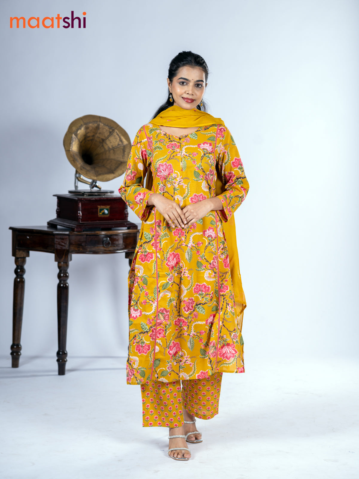 Cotton salwar suit mustard yellow with allover floral prints & mirror pita work and straight cut pant & dupatta