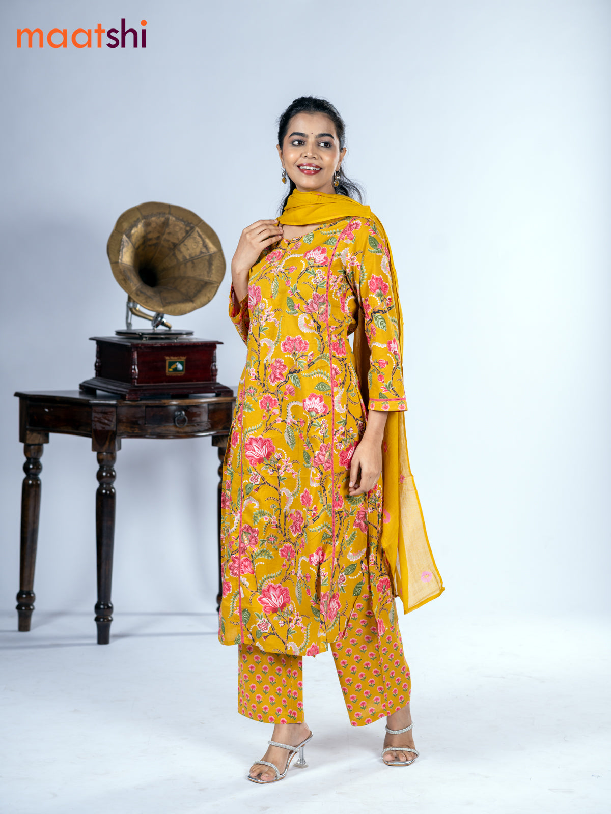 Cotton salwar suit mustard yellow with allover floral prints & mirror pita work and straight cut pant & dupatta